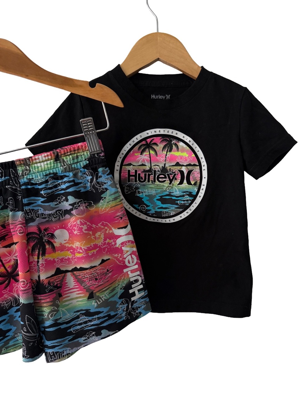 Hurley Black Tee with Neon Tropical Logo &  shorts matching set